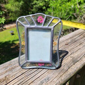 Vintage French Country Leaded Glass Picture Frame With Pressed Flowers Insert